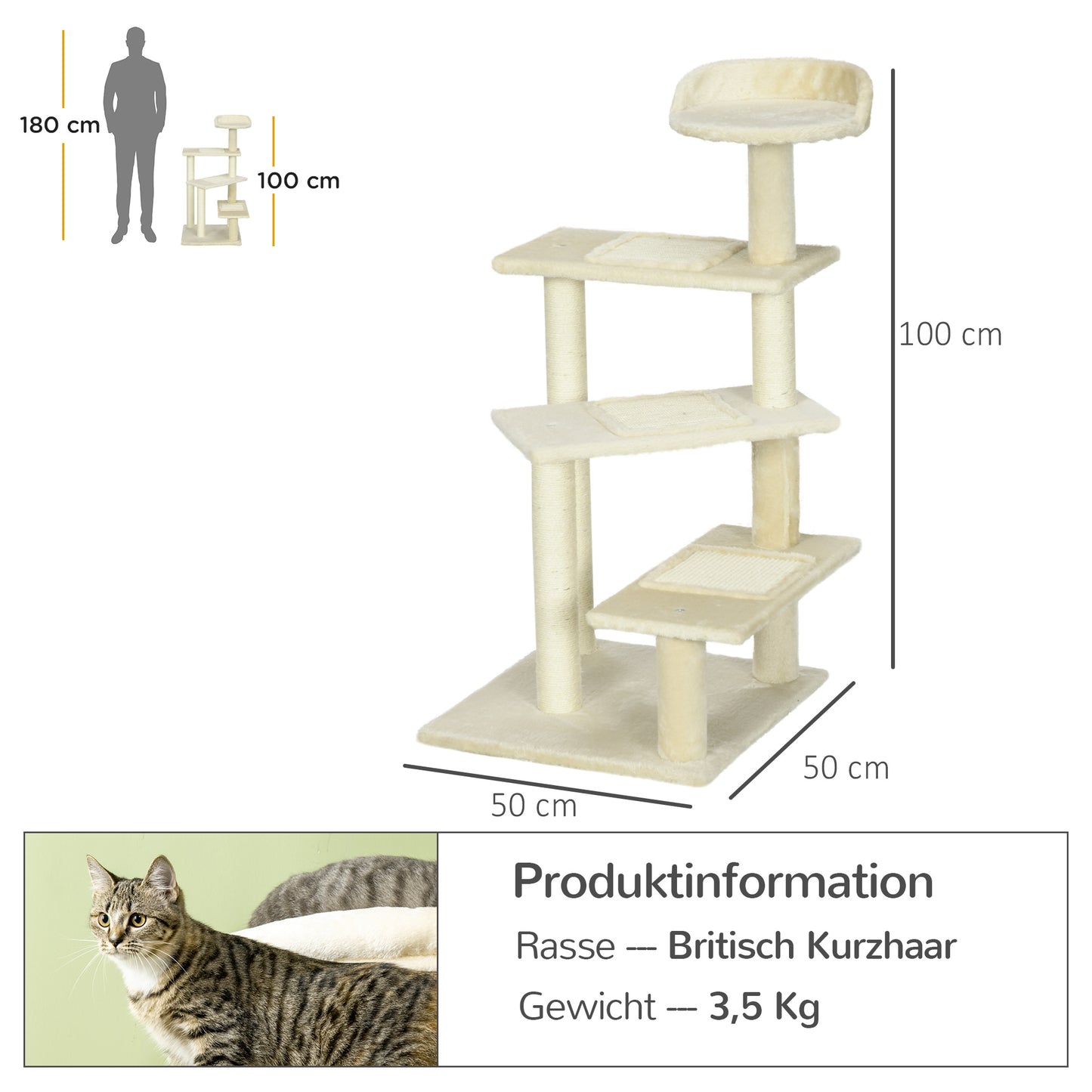 Krabpaal – Kattenboom – Krabmeubel – Kattentoren – Kattenkrabpaal – 100 cm Hoog – Sisal Krabstokken – Meerdere Niveaus – Beige