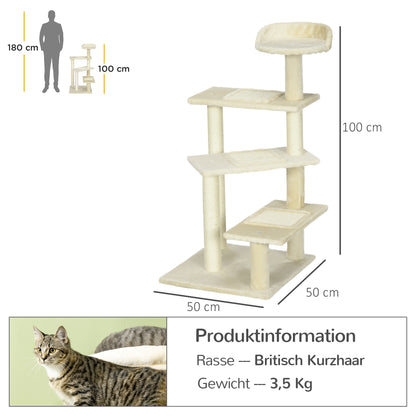 Krabpaal – Kattenboom – Krabmeubel – Kattentoren – Kattenkrabpaal – 100 cm Hoog – Sisal Krabstokken – Meerdere Niveaus – Beige
