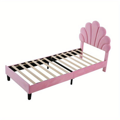 Meisjesbed 90x200 cm – Jongensbed – Kinderbed – Teenbed – Logeerbed – Roze Fluweel Gevoerd – Bloemvormige Rugleuning – Lattenbodem