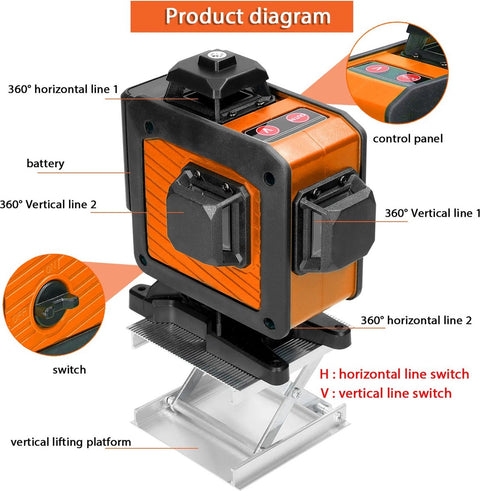 Laserlijn - Kruislijnlaser - 16 Lijnen - 4D - 2x Accu - Afstandsmeter - Groen - Met Accessoires - 360° - 520Nm