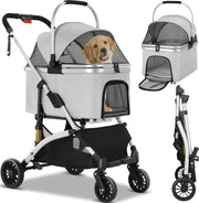Dog buggy - Foldable - 2 in 1 - Ideal for dogs and cats - Including storage basket - Up to 40kg - Grey with silver