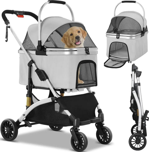 Dog buggy - Foldable - 2 in 1 - Ideal for dogs and cats - Including storage basket - Up to 40kg - Grey with silver