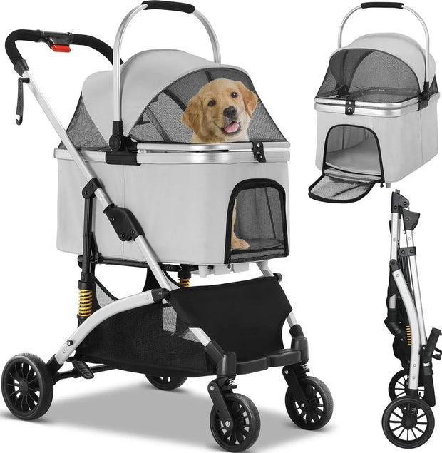 Dog buggy - Foldable - 2 in 1 - Ideal for dogs and cats - Including storage basket - Up to 40kg - Grey with silver