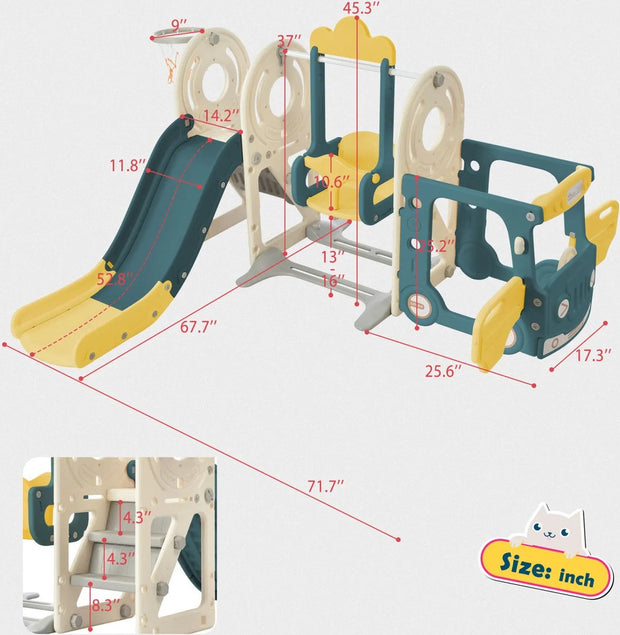 5 in 1 Kinderglijbaan Combinatie - Glijbaan, Schommel, Auto, Basketbal net - 182x172x115 cm