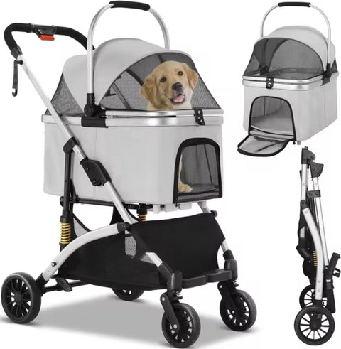 Hondenbuggy - Luxe huisdieren buggy - Buggy - Hondenwagen - Honden en katten - Opvouwbaar - Met opbergruimte - Zilver/Grijs