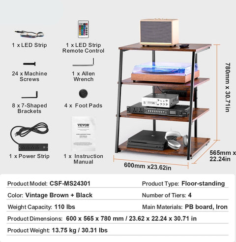 Mediastandaard met stekkerdozen - Hoek-tv-standaard - In hoogte verstelbare houten planken voor diverse media apparaten