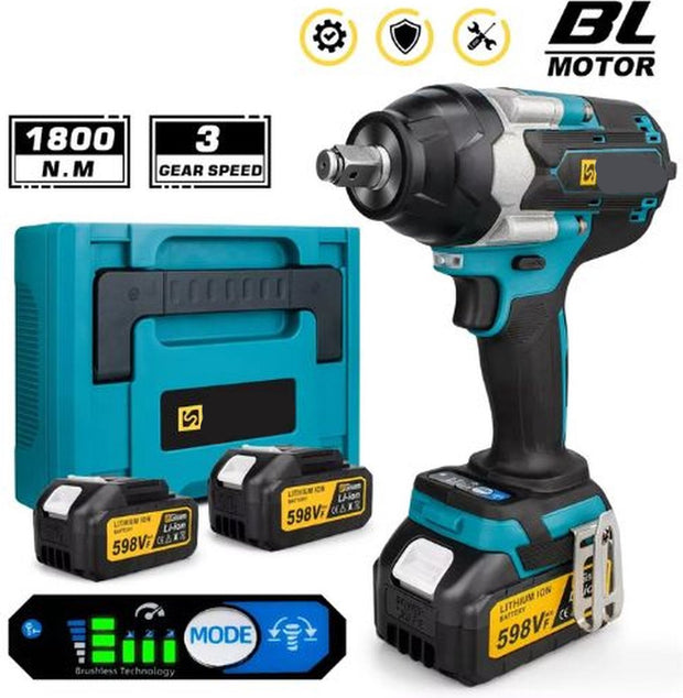 Slagmoersleutel - Elektrische Slagmoersleutel - Slagsleutel - 7200Tpm - 2x Accu - LED - Met Koffer - Blauw