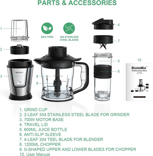 Multifunctionele Keukenmachine 3-In-1 - 700W - 1.2 liter - Makkelijk Schoon Te Maken - Compact - Juicer - Maler - Blender - Hakmolen - Smoothie - Mixer