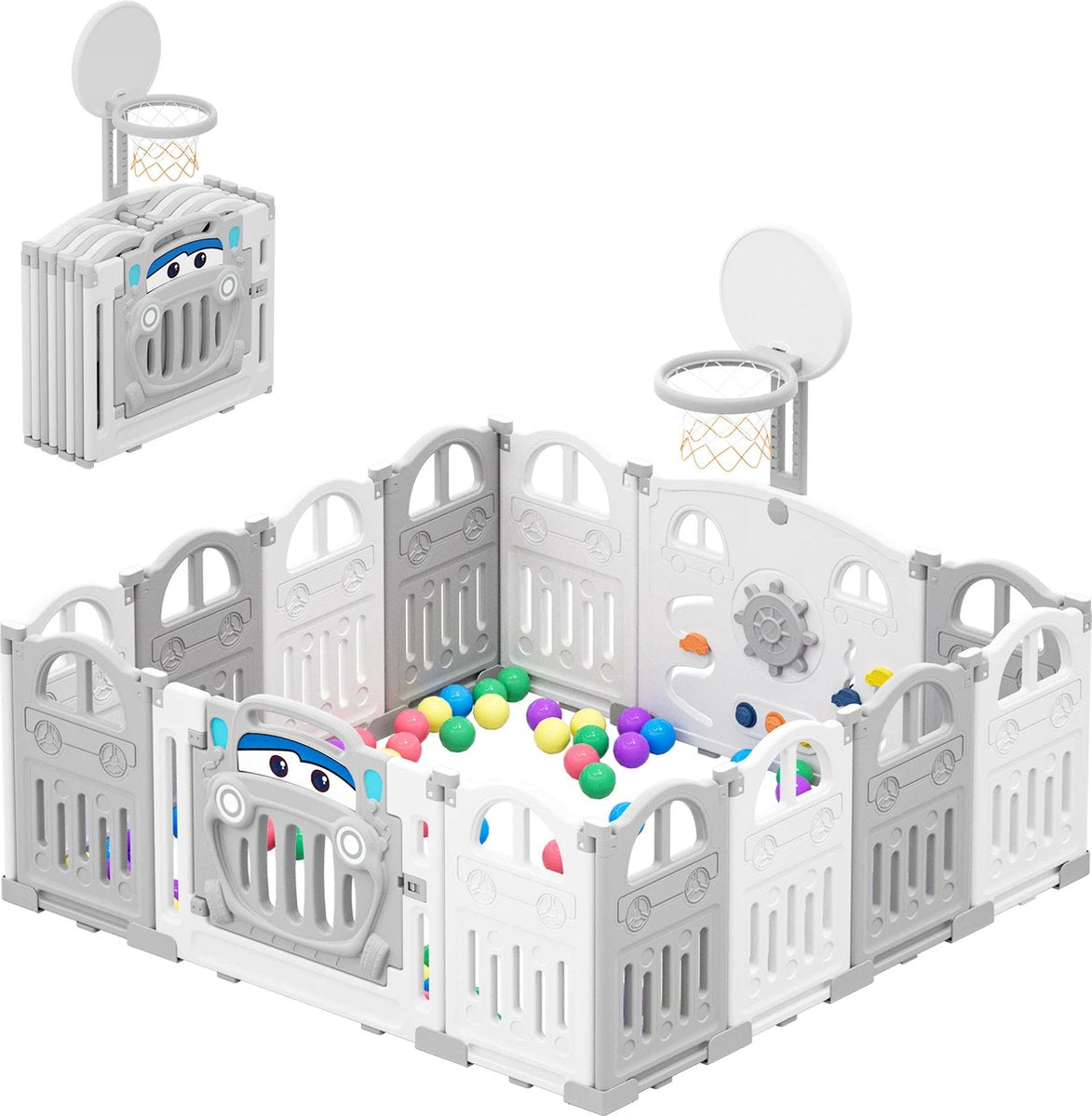 Baby Playpen - Floor Playpen - Foldable Playpen - Baby Toddler Playpen With Basketball Hoop - Educational Panels - 50 Colored Balls - L149 x W152 x H62 CM - Without Mat - Gray White