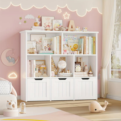 Opbergkast – Boekenkast – Opbergmeubel – Ladenkast – Kast Met Laden – Wit MDF – 3 Laden Op Wieltjes – 5 Open Vakken – 100x33x89,5 cm