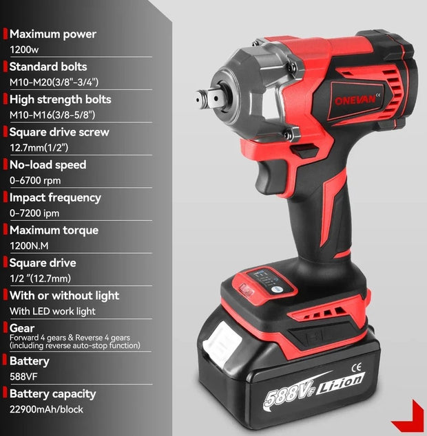 Elektrische Slagmoersleutel - Slagmoer - Koolborstel loze motor - Slagtol - Slagsleutel - 1200Nm - 2 Accu's - Accu lader - 18V - LED Licht - 4 Versnellingen - 1 Opzetstuk - Rood Zwart