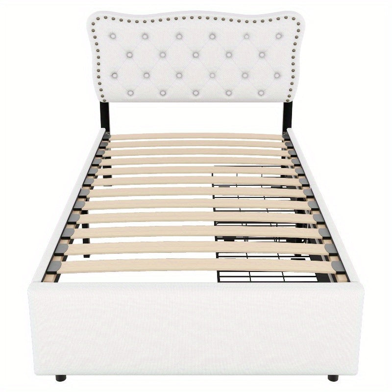 Gepolsterd Bed – Eénpersoonsbed – Slaapbed – Bedframe – Boxspring – Lichtbeige – 90x200 cm – Decoratieve Nagels – Dubbele Lade-opslag