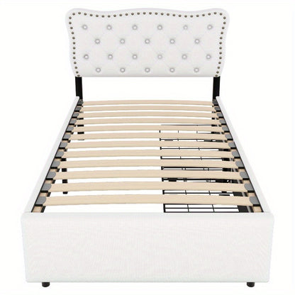 Gepolsterd Bed – Eénpersoonsbed – Slaapbed – Bedframe – Boxspring – Lichtbeige – 90x200 cm – Decoratieve Nagels – Dubbele Lade-opslag