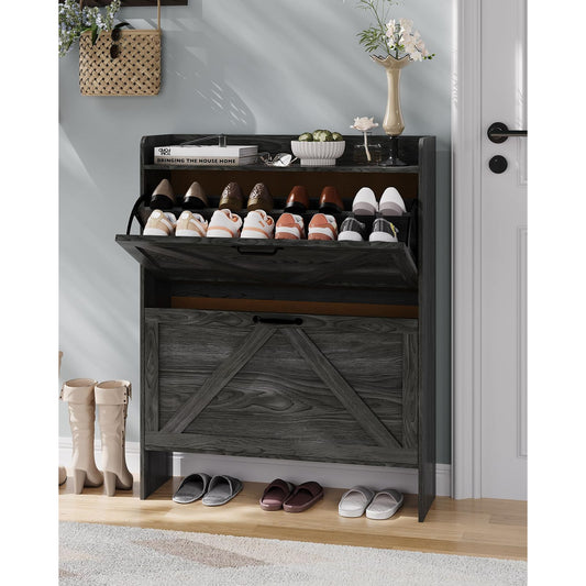 Schoenenkast – Schoenrek – Schoenopberger – Schoenmeubel – Schoenendoos – Smal Ruimtebesparend Design – 2 Kantel-Lades – Zwart Houtlook – Vrijstaand – Eenvoudige Montage