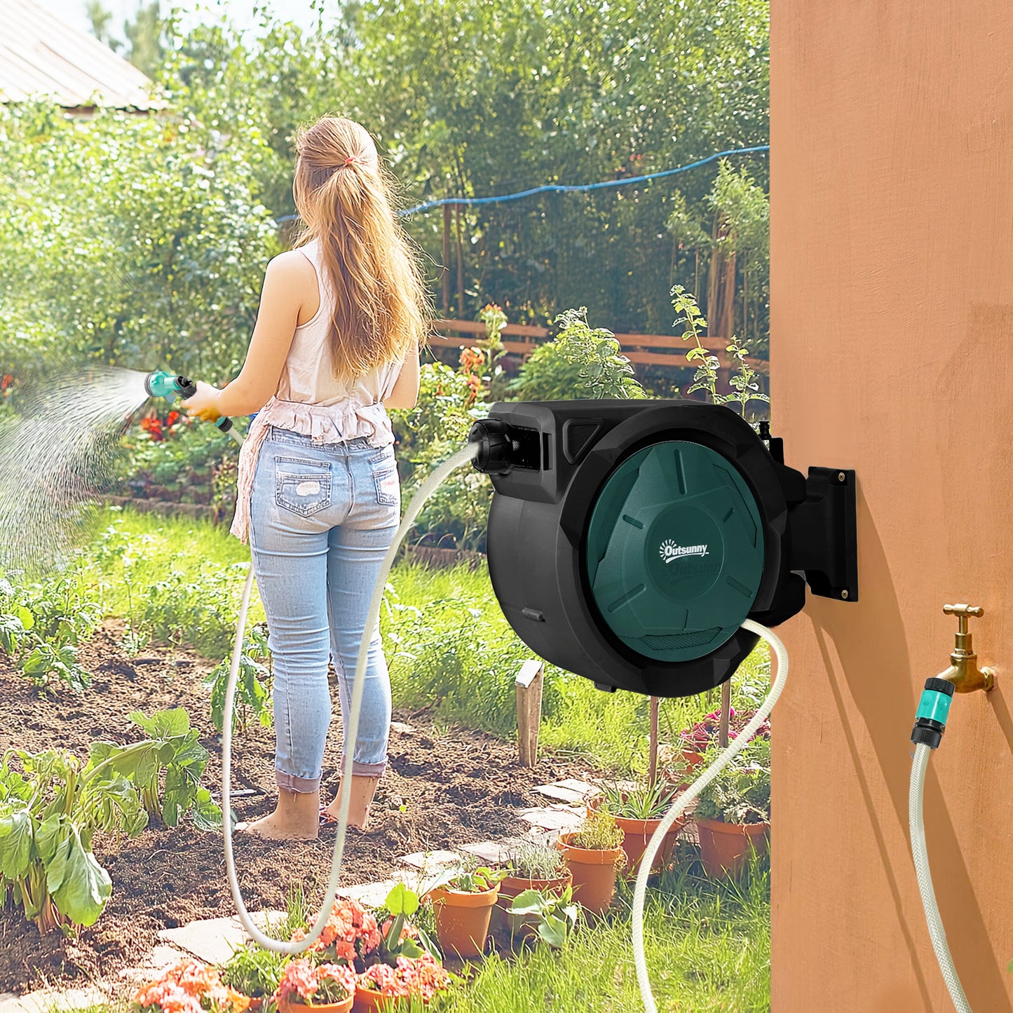 Tuinslanghaspel – Slanghaspel Muurbeugel – Tuinslangoproller – Waterslanghouder – Slangoproller – 30+2 Meter – 7 Waterstraalopties Met 180° Draaiïng