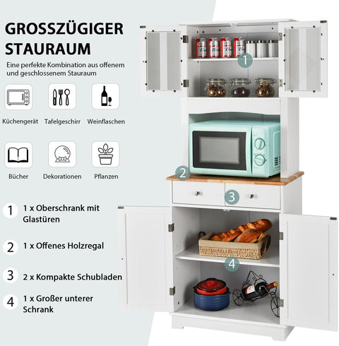 Keukenkast hoog, 170 cm buffetkast hout, hoge kast met 2 laden & verstelbare planken & glazen deuren & draadgat, keukenbuffet vrijstaand, buffet voor keuken eetkamer, wit