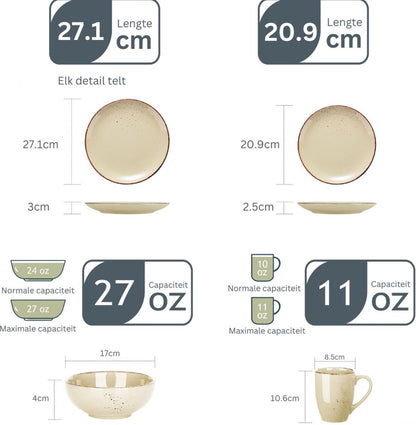 Luxe Serviesset – 32 Delig – 8 Persoons – Keramiek - Bordenset – Dinnerplaten – Dessertborden - Kommen - Mokken - Schaaltjes - Beige