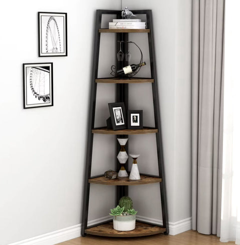 Bookcase - Corner cabinet - Cabinet with shelves - Quarter circle - 5 shelves - Industrial - Wood and metal - Brown/Black