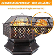 Terrashaard - Vuurkorf - Barbecue - Houtskool Barbecue - Inclusief Rooster - 6-Hoekig - Roest Kleur