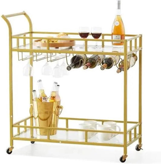 Rollende Barkar -Goud - 2 Trays - Drankwagen - Serveerwagen - Barkar Met Wielen - Theewagen - Keukentrolley