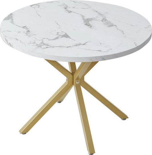 Luxe Ronde Eettafel 100 cm – Marmerlook Tafelblad met Gouden Onderstel – Moderne Design Eettafel voor 4 Personen – Rond Tafeltje Woonkamer of Eetkamer