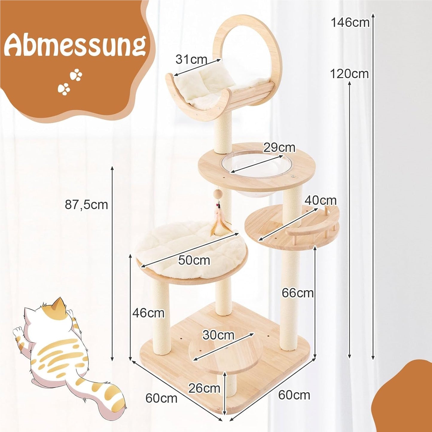 Kattenboom – Kattentoren – Krabpaal – Klimeiland – Kattenmeubel – 4-in-1 Houten Design – Capsule Nest Beige – Stevig Sisal – Comfortabele Pluche Platforms