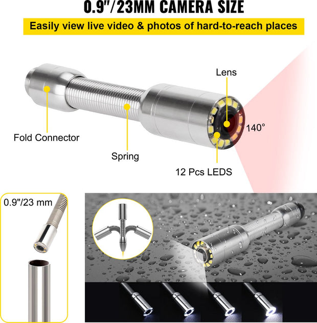 Inspectiecamera -  Endoscoop - Inspectie Camera - met 7in TFT LCD-Scherm - 50M Kabel - IP68 Waterdicht - 12 Verstelbare LED-Lampjes - Zwart