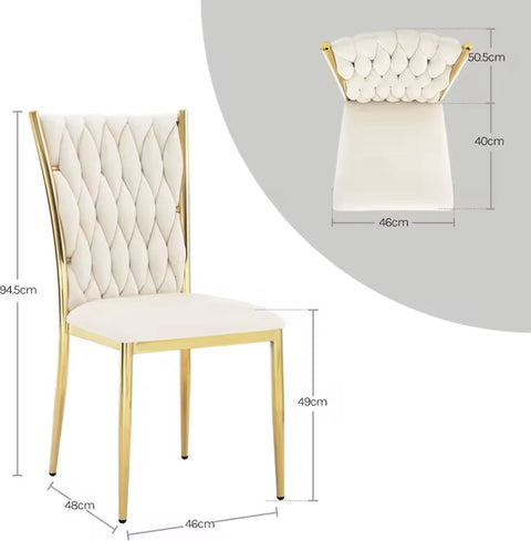 Eetkamerstoel - Set van 2 stoelen - Fluwelen eetkamer stoel - Eetkamerstoelen - Eettafel stoel - Velvet - Fluweel - Gevlochten patroon - Gouden poot - Metaal - Wit - Goud