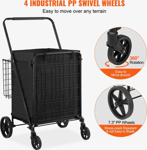 Tumex - Shopping Trolley - Foldable Shopping Cart - Waterproof Lining - 150.5kg Capacity - 360° Swivel Wheels - Extra Rear Basket