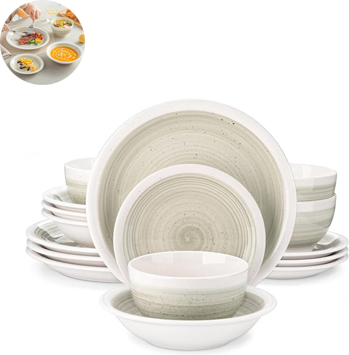 Luxe Serviesset – 16 Delig – 4 Persoons – Keramiek - Bordenset – Dinnerplaten – Dessertborden - Kommen - Pastakom - Beige