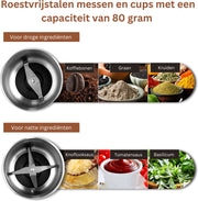 Hakmolen Electrisch -  2-in-1 - Nat en droog - Gehaktmolen - Vleesmolen - Food Processor - Keukenmixer - Elektrisch - 300W  - Roestvrijstalen Behuizing en Maalbladen - Grijs