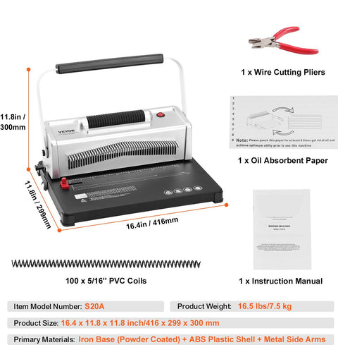 Spiraalbindmachine - IJzeren Basis + ABS-Kunststof Behuizing - Efficiënt en Schoon Inbinden - Compatibel met Verschillende Maten - Robuust en Duurzaam - Inclusief Accessoires