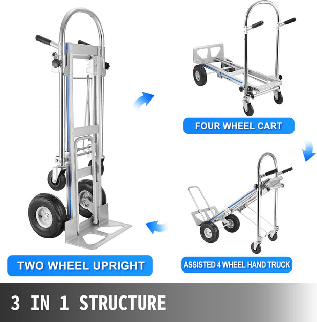 Hand Trolley - 3 in 1 - Aluminium - Twee 10 inch Luchtbanden en Twee - 5 inch Wielen -1 Neusplaat - voor Thuis, Industrieel, Kantoor, School, Werkplaats, Magazijn, Fabriek, Levering - Zilver