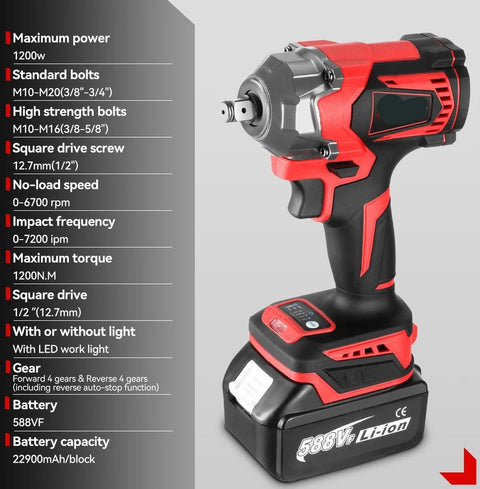 Slagmoersleutel Pro7 - Borstelloos - Incl. 2 Accu's 18V en Oplader - Incl. Opzetstuk - Krachtig Koppel 1200 Nm - 8 snelheden - LED Licht