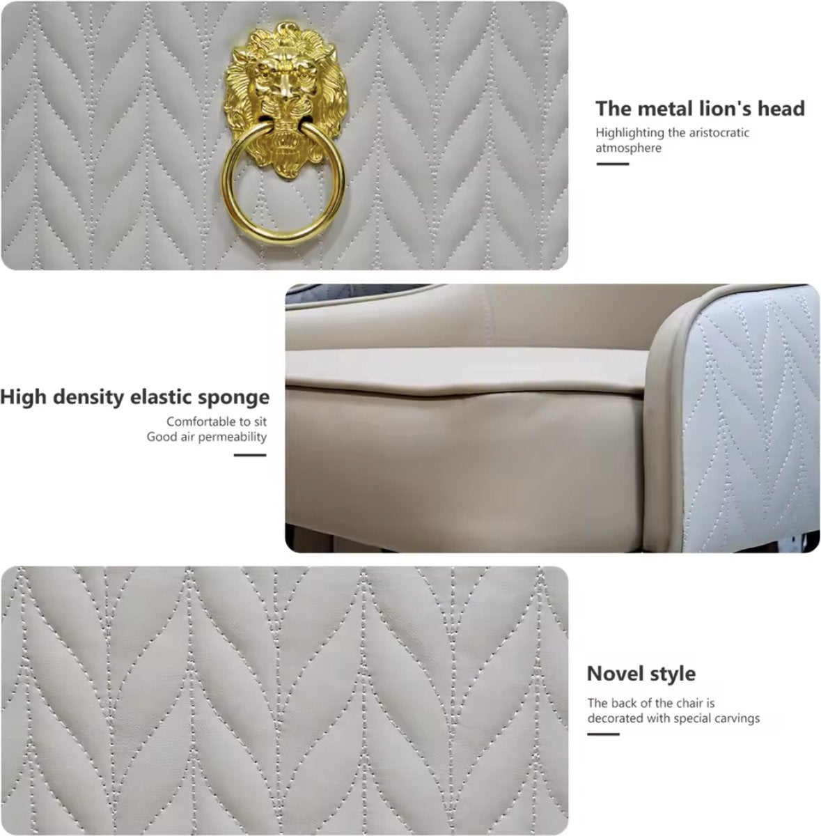 Eetkamer Stoelen - Eettafel stoelen - PU Leder - 2 stuks - Gouden leeuwen trekring - Grijs/Wit - Zwarte Poot