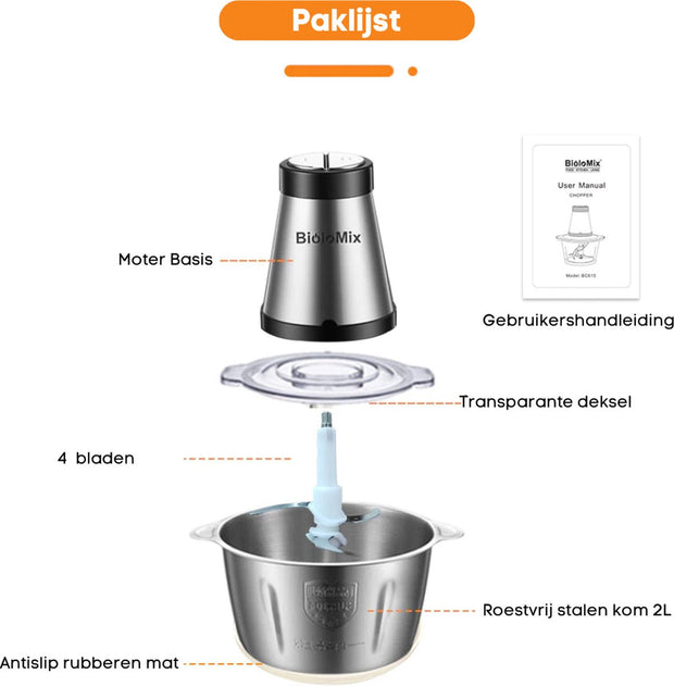 Hakmolen Electrisch - Gehaktmolen - Vleesmolen - Food Processor - Keukenmixer - Hakmolen Elektrisch - Grijs - 500W - 2 Snelheden - Roestvrij staal - 2L