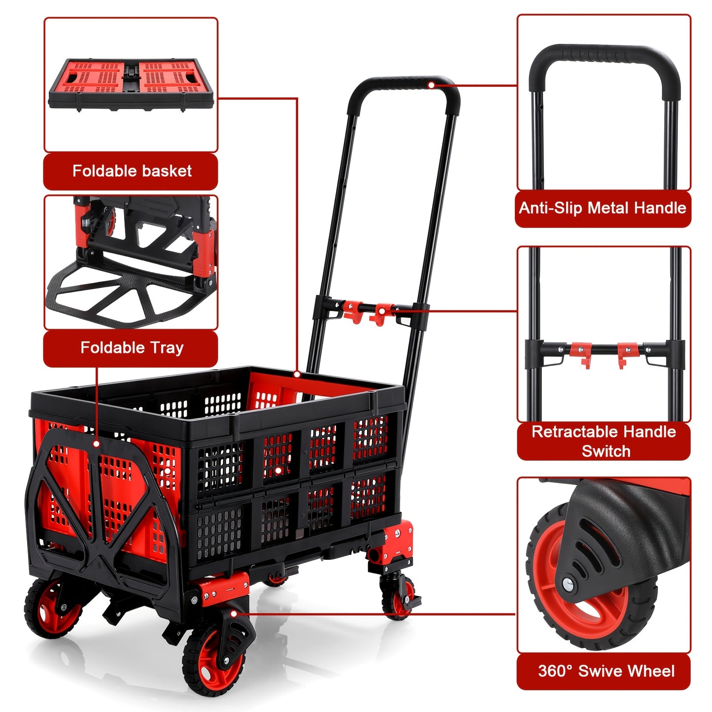 2-in-1 Trolley – Vouwbare Kar – Handwagen – Veldtransporter – Boodschappentrolley – Telescopische Handgreep – Max Draagkracht 150 kg – Ruime Laadruimte Rood