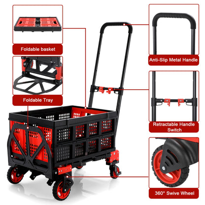 2-in-1 Trolley – Vouwbare Kar – Handwagen – Veldtransporter – Boodschappentrolley – Telescopische Handgreep – Max Draagkracht 150 kg – Ruime Laadruimte Rood
