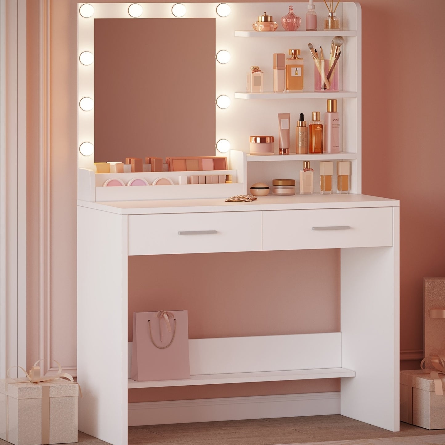 Dressing Table – Make-up Tafel – Vanity – Make-up Spiegel – Kaptafel – LED Verlichting – 90 cm Wit – 3 Helderheidsniveaus – 2 Laden & 4 Open Vakken
