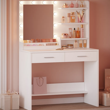 Dressing Table – Make-up Tafel – Vanity – Make-up Spiegel – Kaptafel – LED Verlichting – 90 cm Wit – 3 Helderheidsniveaus – 2 Laden & 4 Open Vakken