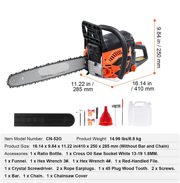 Benzine Kettingzaag - 2.55pk Vermogen - 52CC Motor - 45.7cm Zwaard - Robuuste Constructie - Ideaal voor Thuis en Tuin