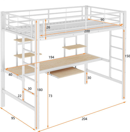 Kinderbed - Zonder matras - Zonder stoel - Metalen Bedframe met Bureau en Twee Boekenplanken - Geschikt voor Kinderen - Tieners en Volwassenen - 90x200 cm - Zwart