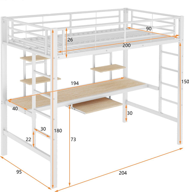Kinderbed - Zonder matras - Zonder stoel - Metalen Bedframe met Bureau en Twee Boekenplanken - Geschikt voor Kinderen - Tieners en Volwassenen - 90x200 cm - Zwart