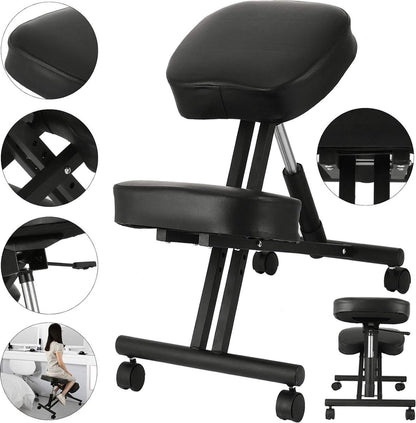 Ergonomic Kneeling Chair with Adjustable Height, Wheels and Comfortable Cushion - Healthy Sitting Posture Chair for Office and Work - Ergo Kneeling Chair with Smooth Wheels and Soft Seat - Office Chair for Back Comfort and Productivity