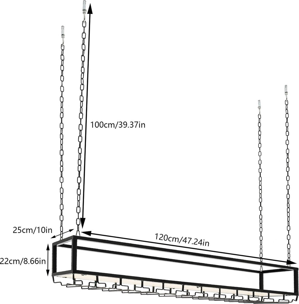 Wine rack - Wine glass holder - Wine rack for ceiling - Kitchen rack - 120 x 25 x 22 cm - Load capacity 75kg