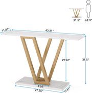 Console Tafel - Bijzettafel - Sidetable Modern - met Metalen Basis in Roostervorm - Metalen Frame - Wit en  Goud - 110 x 30 x 80 cm