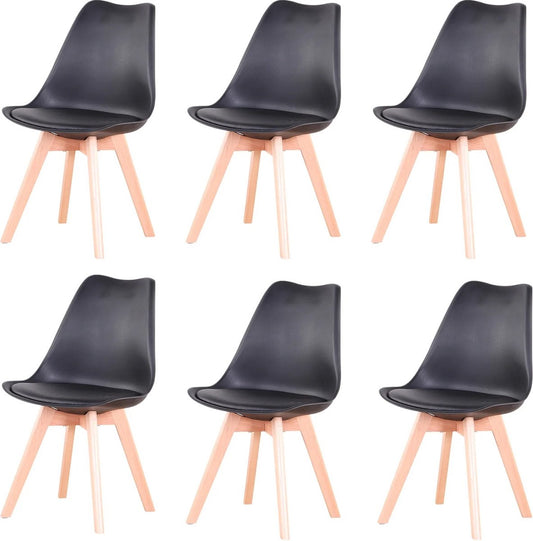 Set van 6 Eetkamerstoelen – Gestoffeerde Stoelen met Beukenhouten Poten – Stijlvolle Bureaustoelen voor Eetkamer, Slaapkamer, Balkon of Restaurant- Zwart