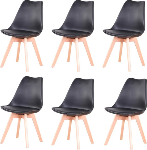 Set of 6 Dining Chairs - Upholstered Chairs with Beech Legs - Stylish Office Chairs for Dining Room, Bedroom, Balcony or Restaurant - Black