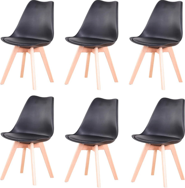 Set of 6 Dining Chairs - Upholstered Chairs with Beech Legs - Stylish Office Chairs for Dining Room, Bedroom, Balcony or Restaurant - Black