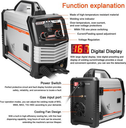 Welding Machine - Electric Welder - Multifunctional - 4 in 1 MIG MMA MAG TIG - Inverter Welder - Portable Electric Welding Machine - Intelligent Welder - Gray